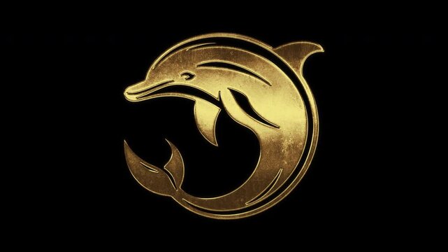 Dolphin with slightly reflected outlines on a gold foil-like surface, loop, alpha channel

