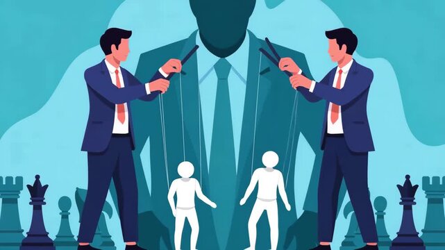Manipulation in Business: A conceptual illustration of two figures using strings to control puppets, against a backdrop that symbolizes control and influence within the corporate realm.