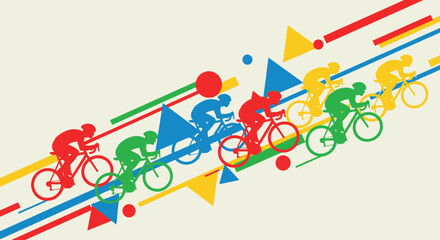 Colorful illustration of cyclists racing, depicted with geometric shapes and vibrant hues.