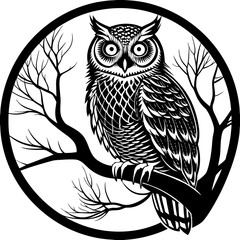 Detailed illustration of an owl perched on a branch surrounded by leaves in a minimalist black and white design created in a serene and whimsical style