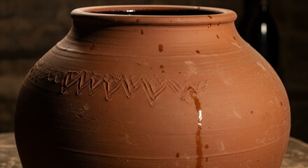 Rustic clay pot close up of a traditional vessel with dripping liquid