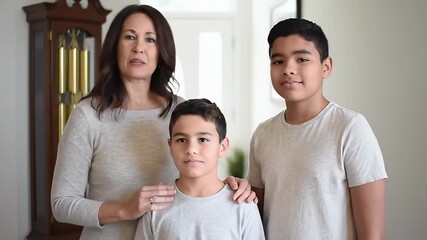 Heartwarming Video Scene Mother with Two Sons in Bright Interior Background in Mental Health Awareness Day Concept Family Bond and Affection Communication and Support Togetherness