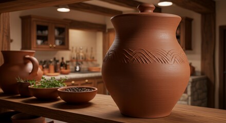 Rustic pottery on wooden surface kitchen background