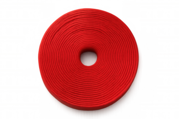 Red fabric material coiling into a flawless circular shape, creating a seamless spiral with a central opening. White background