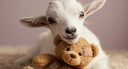 White goat kid with teddy bear on cream colored surface gentle focus