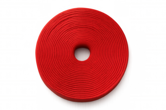 Red fabric material coiling into a flawless circular shape, creating a seamless spiral with a central opening. White background