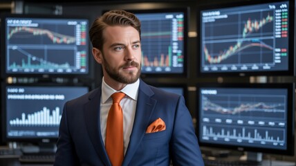 Fototapeta premium Confident financial analyst in a modern suit analyzing stock market data on multiple screens, perfect for illustrating success and investment strategies