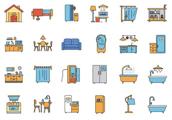 Vector art of a vibrant collection of home interior icons, showcasing essential elements like furniture, appliances, and decorative items, all rendered in a clean, modern style
