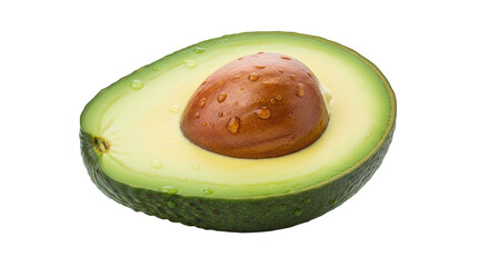 Fresh avocado half with seed and water drops on black background