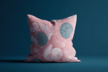 A decorative, square-shaped cushion, featuring a delicate, intricate design of organic forms in muted tones of pink, teal, and white.