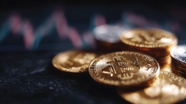 Golden Bitcoin coins are stacked on a dark surface with a blurred financial graph in the background symbolizing digital currency investment