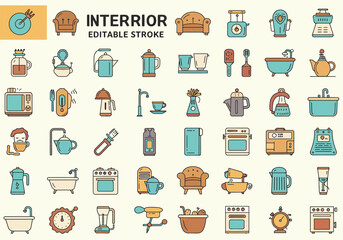 Vector art of a vibrant collection of home interior icons, showcasing essential elements like furniture, appliances, and decorative items, all rendered in a clean, modern style