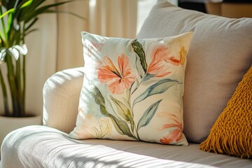 A decorative floral throw pillow rests atop a light beige couch, bathed in natural sunlight, showcasing a tranquil living space.