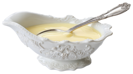 White sauce boat with condensed milk and spoon, creamy dairy dessert topping isolated on white background 