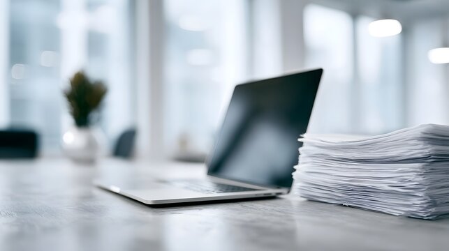 Modern office desk with a laptop and a stack of documents in a bright and clean environment