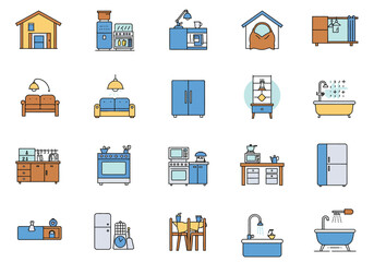 Vector art of a vibrant collection of home interior icons, showcasing essential elements like furniture, appliances, and decorative items, all rendered in a clean, modern style