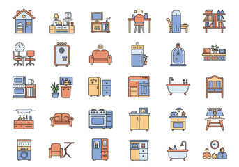 Vector art of a vibrant collection of home interior icons, showcasing essential elements like furniture, appliances, and decorative items, all rendered in a clean, modern style