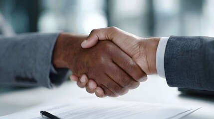 Two professionals shaking hands over a contract on a table signifying a business agreement