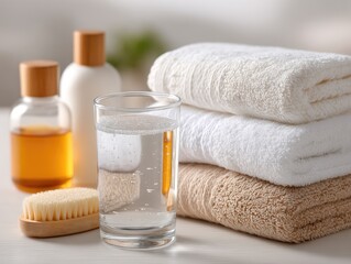 Clear Glass Of Water With Stacked Towels And Bottles On A Wooden Surface In Soft Lighting