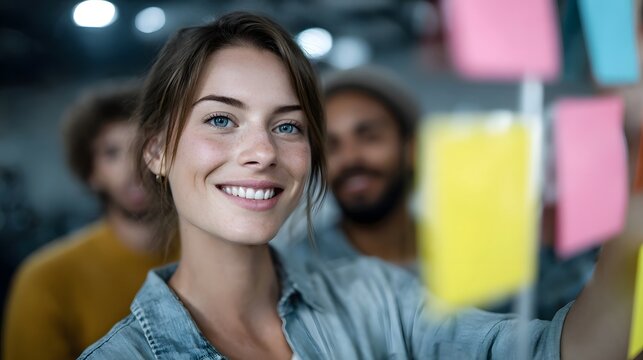A smiling woman in a collaborative office environment with sticky notes on a glass wall