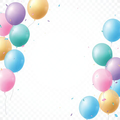 Colorful pastel balloons. celebrations banner with pink, blue, green, and purple confetti	