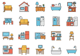Vector art of a vibrant collection of home interior icons, showcasing essential elements like furniture, appliances, and decorative items, all rendered in a clean, modern style