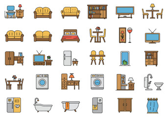 Vector art of a vibrant collection of home interior icons, showcasing essential elements like furniture, appliances, and decorative items, all rendered in a clean, modern style