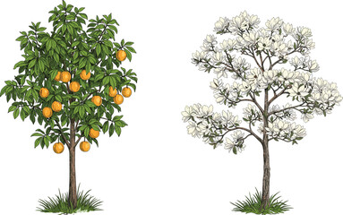 Fototapeta premium Fruit Tree with Orange Fruits and Flowering Magnolia Tree Side by Side in Seasonal Garden Landscape Vector Illustration with Grass