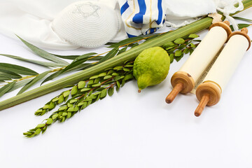 Jewish Ritual Items, Sukkot symbols including lulav, etrog, and a prayer shawl with Torah scroll.