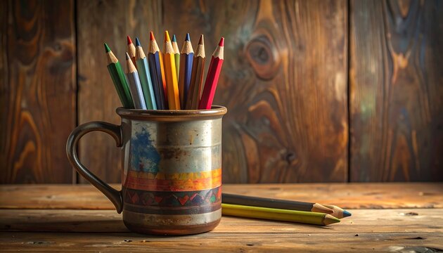 Colorful pencils in a decorative mug on a wooden surface