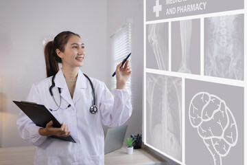 Medical professional interacting with a futuristic interface showing patient health data.