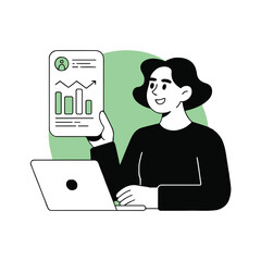 Vector art of a woman is working on a laptop and holding a document with a graph she is smiling and wearing a black shirt