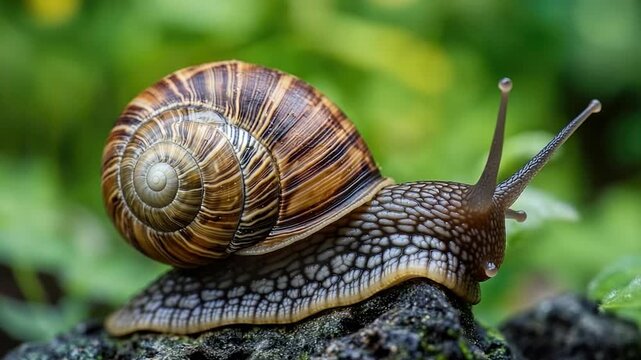 A close-up shot of a snail resting on a rock, highlighting its shell and slimy trail