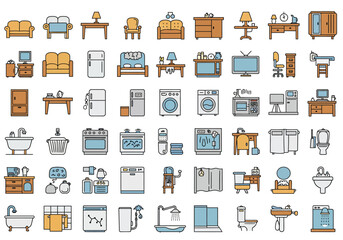 Vector art of a vibrant collection of home interior icons, showcasing essential elements like furniture, appliances, and decorative items, all rendered in a clean, modern style
