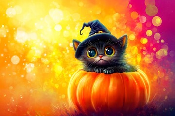 A charming black kitten, wearing a witch's hat, sits nestled within an orange pumpkin, against a backdrop of warm autumnal colors.