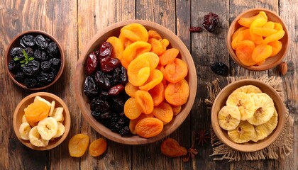 Assorted dried fruits in bowls