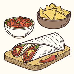 Mexican traditional food set burrito, tacos, chili, tomato, nachos. Engraving