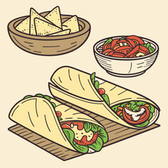Mexican traditional food set burrito, tacos, chili, tomato, nachos. Engraving