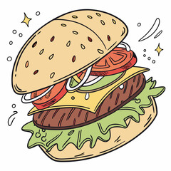 Cartoon Burger With Lettuce, Tomato, And Cheese. Vector Hand Drawn Illustration Isolated On Transparent Background