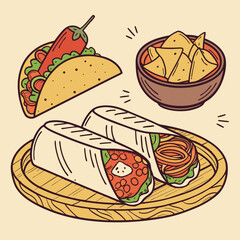 Mexican traditional food set burrito, tacos, chili, tomato, nachos. Engraving
