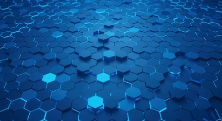 Abstract pattern of blue hexagons some raised and glowing creating a dynamic surface