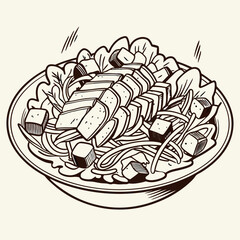 Caesar salad with chicken hand drawn engraving sketch Restaurant business concept Vector illustration.