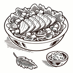 Caesar salad with chicken hand drawn engraving sketch Restaurant business concept Vector illustration.