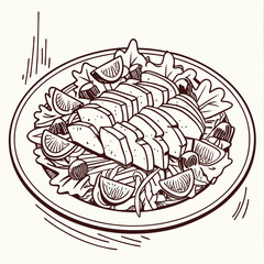 Caesar salad with chicken hand drawn engraving sketch Restaurant business concept Vector illustration.