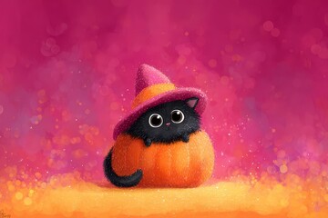 A charming black kitten, wearing a pink witch's hat, nestled inside a fluffy orange pumpkin, creates a delightful Halloween scene against a vibrant pink backdrop.