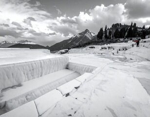 Monochromatic landscape of terraced mineral pools, cascading water, and snow-capped mountains under a dramatic sky