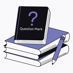 Vector art of stack of books with a question mark on the cover and a pen