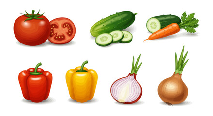 Fresh vegetables arranged in a collection, featuring tomatoes, cucumbers, carrots, bell peppers, and onions on a white background
