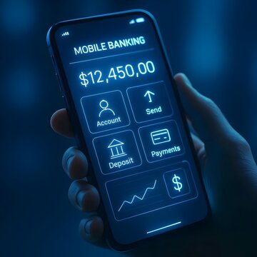 Smartphone mobile banking screen showing balance and payment icons in a modern fintech app