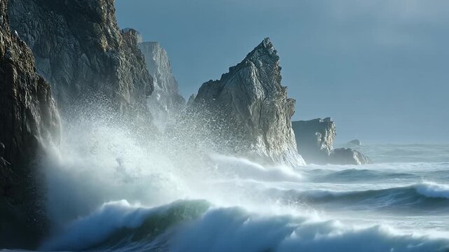 Coastal Majesty: Captivating image of rugged cliffs, where crashing waves dramatically collide, creating a majestic coastal panorama that evokes both power and tranquility.